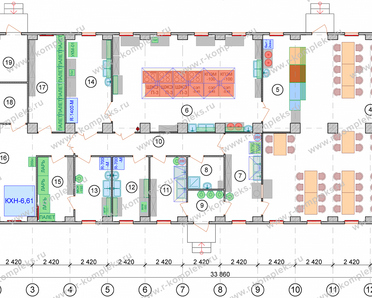 Модульное здание «Столовая на 70 посадочных мест» 406.99 м²:  проектирование, изготовление, цены (проект #МЗ_СПК_С-70_0045)